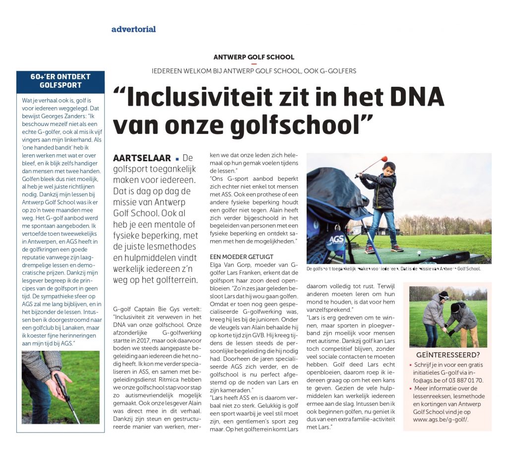 artikel over G-sport bij Antwerp Golf School
= golfen voor mensen met autisme of een lichte fysieke beperking